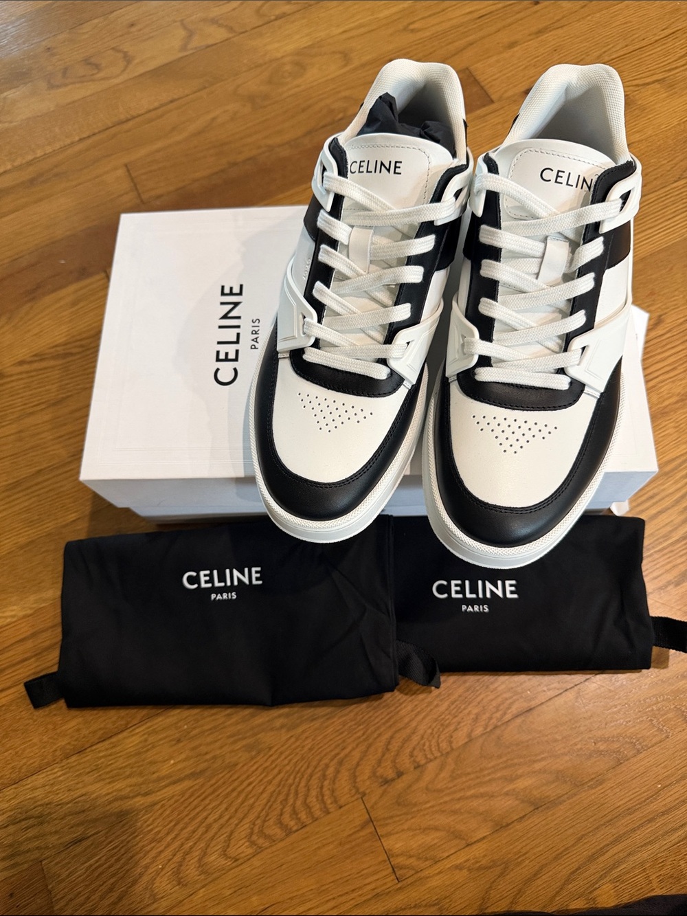 Celine White and Black Low-Top Leather Sneakers